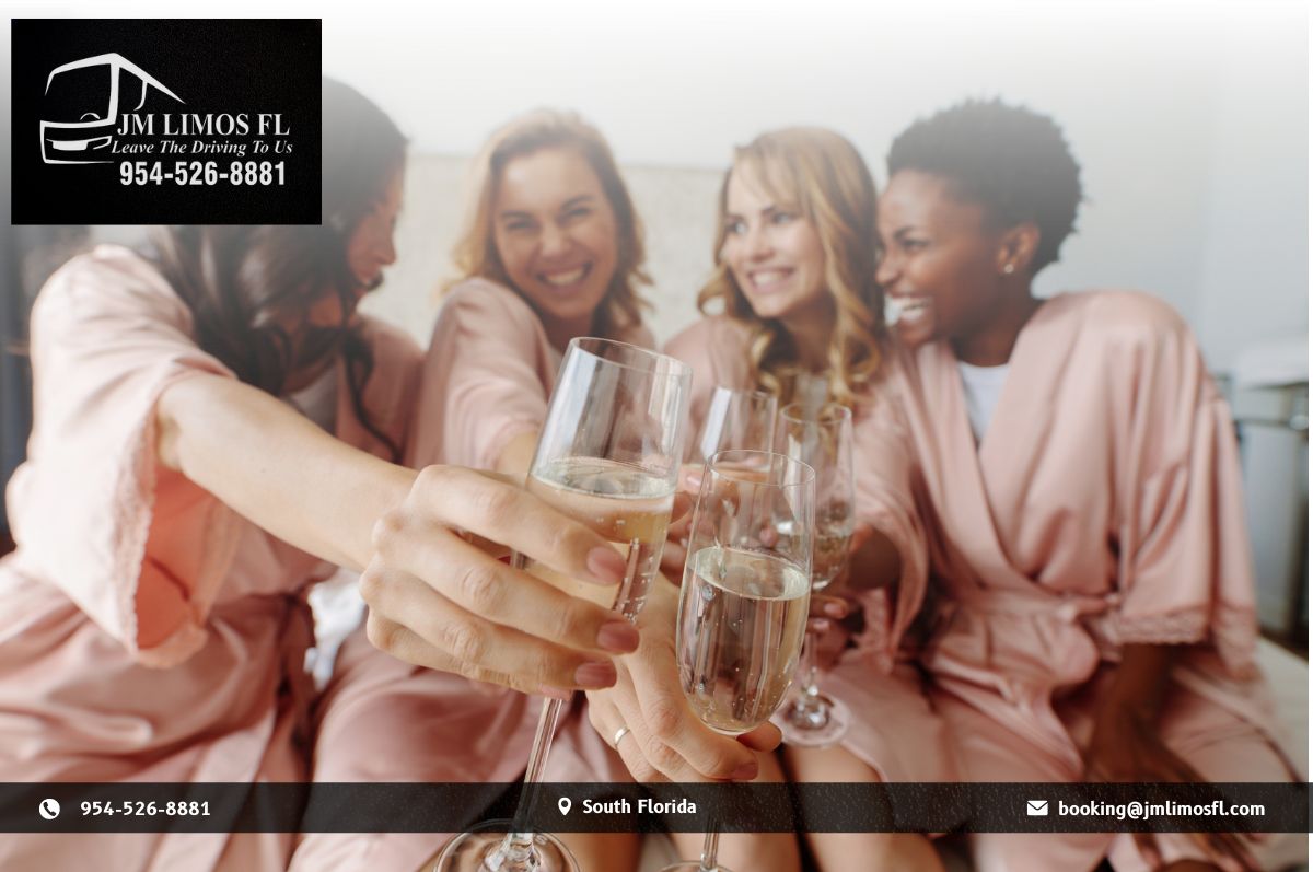 Bunch of girls toasting with happy faces in bachelorette party
