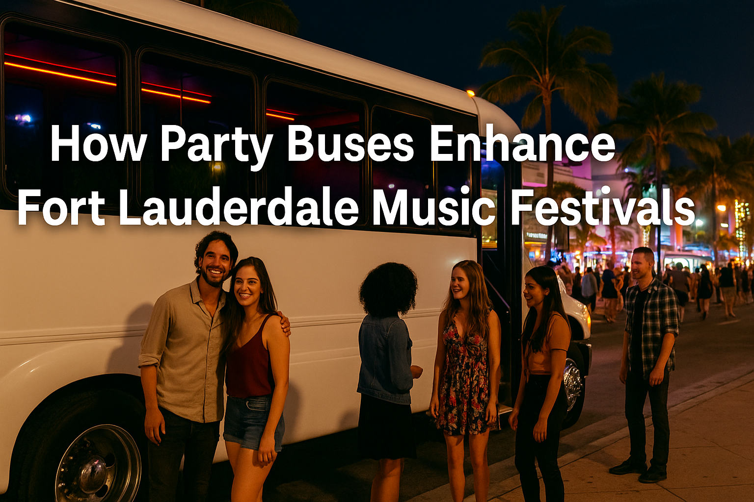 Group of young adults boarding a white party bus at a Fort Lauderdale music festival at night, palm trees and neon lights in background