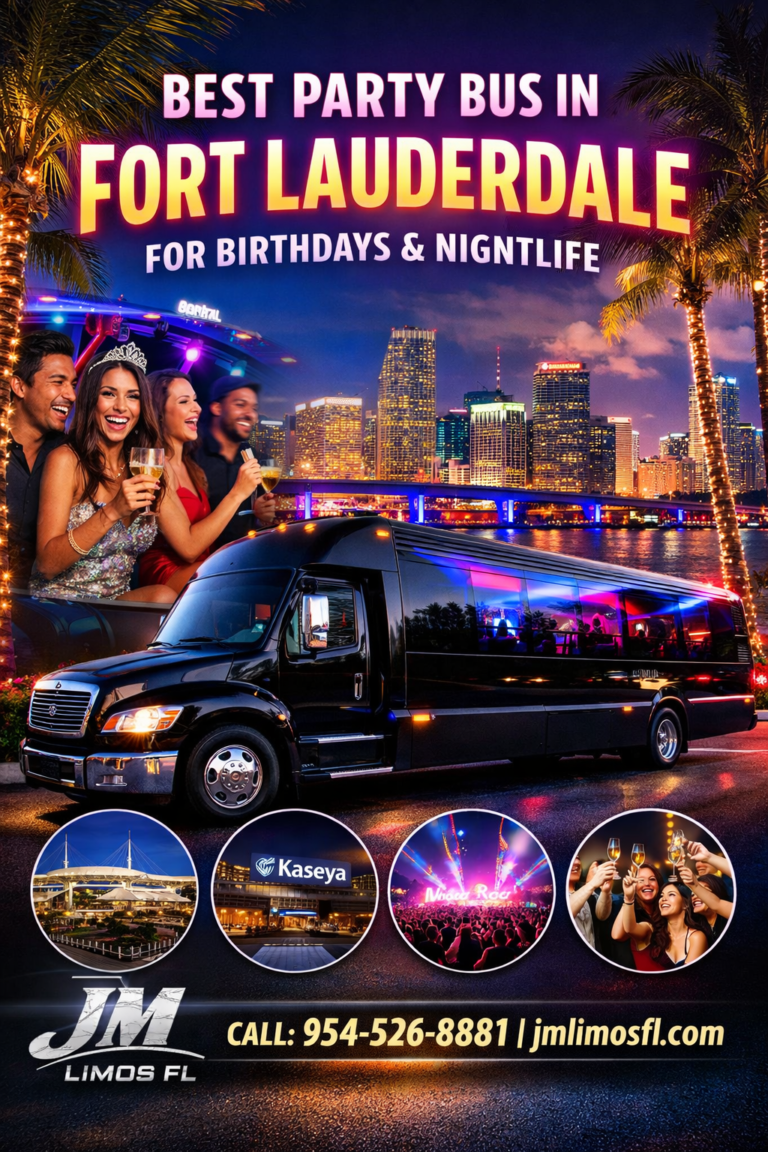 Luxury party bus on waterfront at twilight
